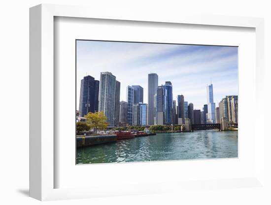 City Skyline from the Chicago River, Chicago, Illinois, United States of America, North America-Amanda Hall-Framed Photographic Print