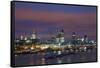 City Skyline from Waterloo Bridge at Dusk.-Jon Hicks-Framed Stretched Canvas