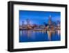 City skyline including Vancouver Lookout Tower as viewed from Canada Place at dusk, Vancouver, Brit-Frank Fell-Framed Photographic Print