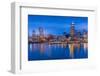 City skyline including Vancouver Lookout Tower as viewed from Canada Place at dusk, Vancouver, Brit-Frank Fell-Framed Photographic Print
