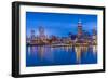 City skyline including Vancouver Lookout Tower as viewed from Canada Place at dusk, Vancouver, Brit-Frank Fell-Framed Photographic Print