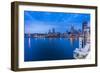 City skyline including Vancouver Lookout Tower as viewed from Canada Place at dusk, Vancouver, Brit-Frank Fell-Framed Photographic Print