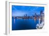 City skyline including Vancouver Lookout Tower as viewed from Canada Place at dusk, Vancouver, Brit-Frank Fell-Framed Photographic Print