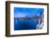 City skyline including Vancouver Lookout Tower as viewed from Canada Place at dusk, Vancouver, Brit-Frank Fell-Framed Photographic Print