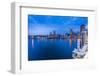 City skyline including Vancouver Lookout Tower as viewed from Canada Place at dusk, Vancouver, Brit-Frank Fell-Framed Photographic Print