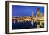 City skyline including Vancouver Lookout Tower as viewed from Canada Place at dusk, Vancouver, Brit-Frank Fell-Framed Photographic Print