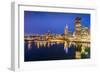 City skyline including Vancouver Lookout Tower as viewed from Canada Place at dusk, Vancouver, Brit-Frank Fell-Framed Photographic Print