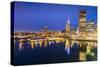 City skyline including Vancouver Lookout Tower as viewed from Canada Place at dusk, Vancouver, Brit-Frank Fell-Stretched Canvas