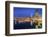 City skyline including Vancouver Lookout Tower as viewed from Canada Place at dusk, Vancouver, Brit-Frank Fell-Framed Photographic Print