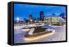 City skyline including Vancouver Lookout Tower as viewed from Canada Place at dusk, Vancouver, Brit-Frank Fell-Framed Stretched Canvas