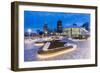 City skyline including Vancouver Lookout Tower as viewed from Canada Place at dusk, Vancouver, Brit-Frank Fell-Framed Photographic Print