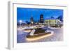 City skyline including Vancouver Lookout Tower as viewed from Canada Place at dusk, Vancouver, Brit-Frank Fell-Framed Photographic Print