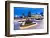 City skyline including Vancouver Lookout Tower as viewed from Canada Place at dusk, Vancouver, Brit-Frank Fell-Framed Photographic Print