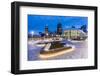 City skyline including Vancouver Lookout Tower as viewed from Canada Place at dusk, Vancouver, Brit-Frank Fell-Framed Photographic Print