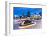 City skyline including Vancouver Lookout Tower as viewed from Canada Place at dusk, Vancouver, Brit-Frank Fell-Framed Photographic Print