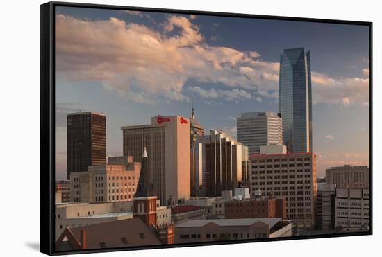 City Skyline with Devon Tower at Dusk, Oklahoma City, Oklahoma, USA-Walter Bibikow-Framed Stretched Canvas