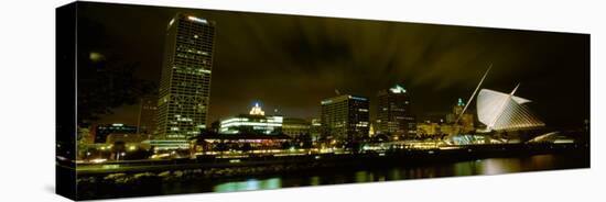 City Skyline with Milwaukee Art Museum at Night, Milwaukee, Wisconsin, USA-null-Stretched Canvas