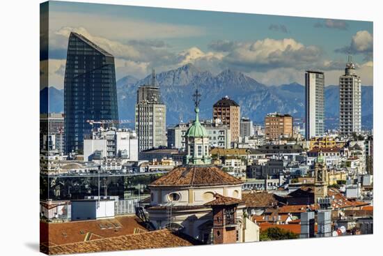 City Skyline with the Alps in the Background, Milan, Lombardy, Italy-Stefano Politi Markovina-Stretched Canvas