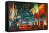 City Street at Night with Colorful Lights,Digital Painting-Tithi Luadthong-Framed Stretched Canvas