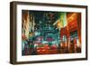 City Street at Night with Colorful Lights,Digital Painting-Tithi Luadthong-Framed Art Print