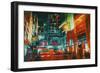 City Street at Night with Colorful Lights,Digital Painting-Tithi Luadthong-Framed Art Print