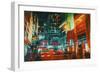 City Street at Night with Colorful Lights,Digital Painting-Tithi Luadthong-Framed Art Print