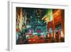 City Street at Night with Colorful Lights,Digital Painting-Tithi Luadthong-Framed Art Print