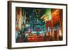 City Street at Night with Colorful Lights,Digital Painting-Tithi Luadthong-Framed Art Print