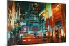 City Street at Night with Colorful Lights,Digital Painting-Tithi Luadthong-Mounted Art Print