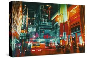City Street at Night with Colorful Lights,Digital Painting-Tithi Luadthong-Stretched Canvas