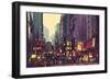 City Traffic and Colorful Light in Hong Kong,Illustration Painting-Tithi Luadthong-Framed Premium Giclee Print