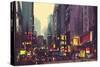 City Traffic and Colorful Light in Hong Kong,Illustration Painting-Tithi Luadthong-Stretched Canvas
