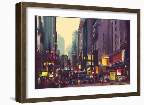 City Traffic and Colorful Light in Hong Kong,Illustration Painting-Tithi Luadthong-Framed Art Print