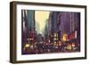 City Traffic and Colorful Light in Hong Kong,Illustration Painting-Tithi Luadthong-Framed Art Print