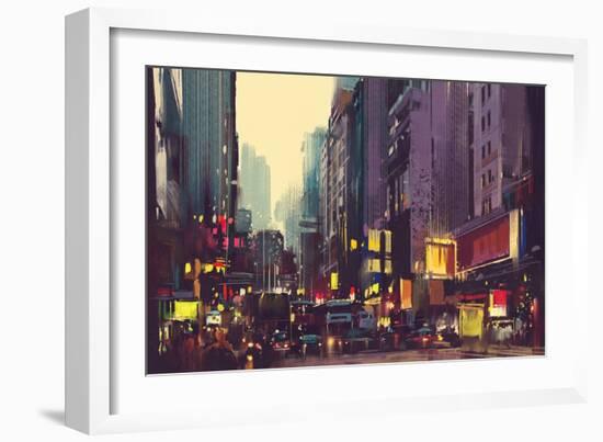 City Traffic and Colorful Light in Hong Kong,Illustration Painting-Tithi Luadthong-Framed Art Print