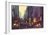 City Traffic and Colorful Light in Hong Kong,Illustration Painting-Tithi Luadthong-Framed Art Print