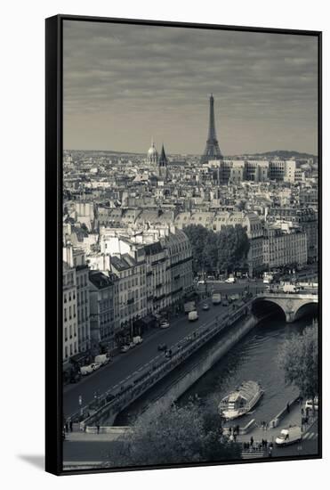 City with Eiffel Tower in the Background Viewed from Notre Dame Cathedral, Paris, Ile-De-France-null-Framed Stretched Canvas