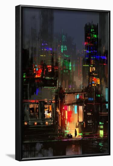 Cityscape Digital Painting of Building at Night-Tithi Luadthong-Framed Art Print