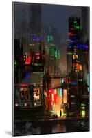 Cityscape Digital Painting of Building at Night-Tithi Luadthong-Mounted Art Print