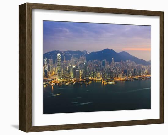 Cityscape of Hong Kong Island Skyline at Sunset, Hong Kong, China, Asia-Amanda Hall-Framed Photographic Print