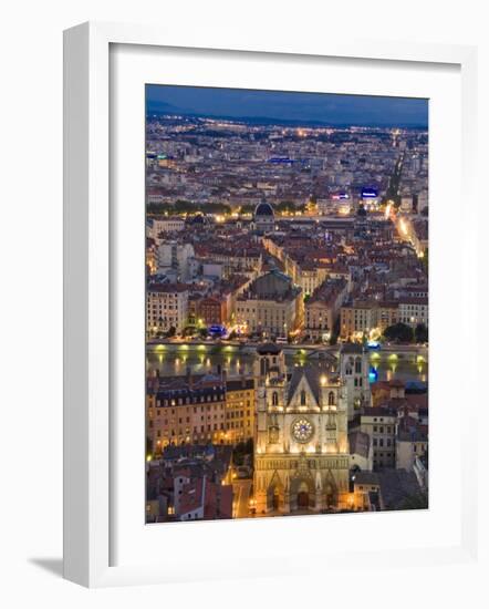 Cityscape, River Saone and Cathedral St. Jean at Night, Lyons (Lyon), Rhone, France, Europe-Charles Bowman-Framed Photographic Print
