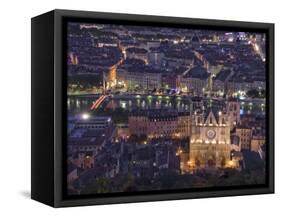 Cityscape, River Saone and Cathedral St. Jean at Night, Lyons (Lyon), Rhone, France, Europe-Charles Bowman-Framed Stretched Canvas