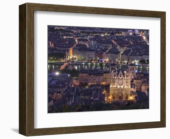 Cityscape, River Saone and Cathedral St. Jean at Night, Lyons (Lyon), Rhone, France, Europe-Charles Bowman-Framed Photographic Print