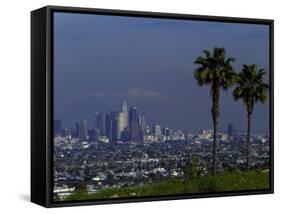 Cityscape with Mountains in Background, San Gabriel Mountains, City of Los Angeles, California, USA-null-Framed Stretched Canvas
