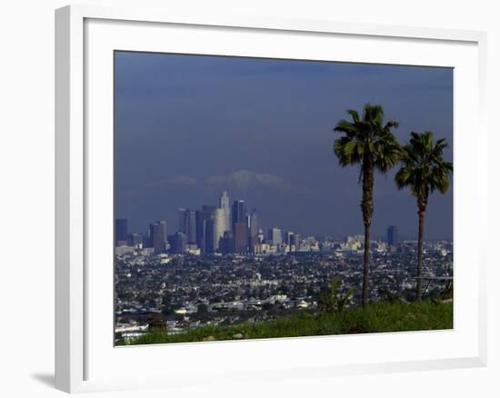 Cityscape with Mountains in Background, San Gabriel Mountains, City of Los Angeles, California, USA-null-Framed Photographic Print