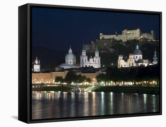 Cityscape with River Salzach at Night, Saltzburg, Austria-Charles Bowman-Framed Stretched Canvas