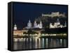 Cityscape with River Salzach at Night, Saltzburg, Austria-Charles Bowman-Framed Stretched Canvas