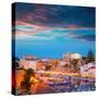 Ciutadella Menorca Marina Port Sunset Town Hall and Cathedral in Balearic Islands-holbox-Stretched Canvas