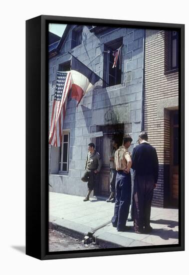 Civil Affairs Building in La Haye Du Puit Decorated with American and French Flags, France, 1944-Frank Scherschel-Framed Stretched Canvas