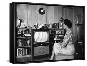 Civil Rights Leader Daisy Bates Watching Televised Desegregation Speech by Governor Faubaus-Thomas D^ Mcavoy-Framed Stretched Canvas